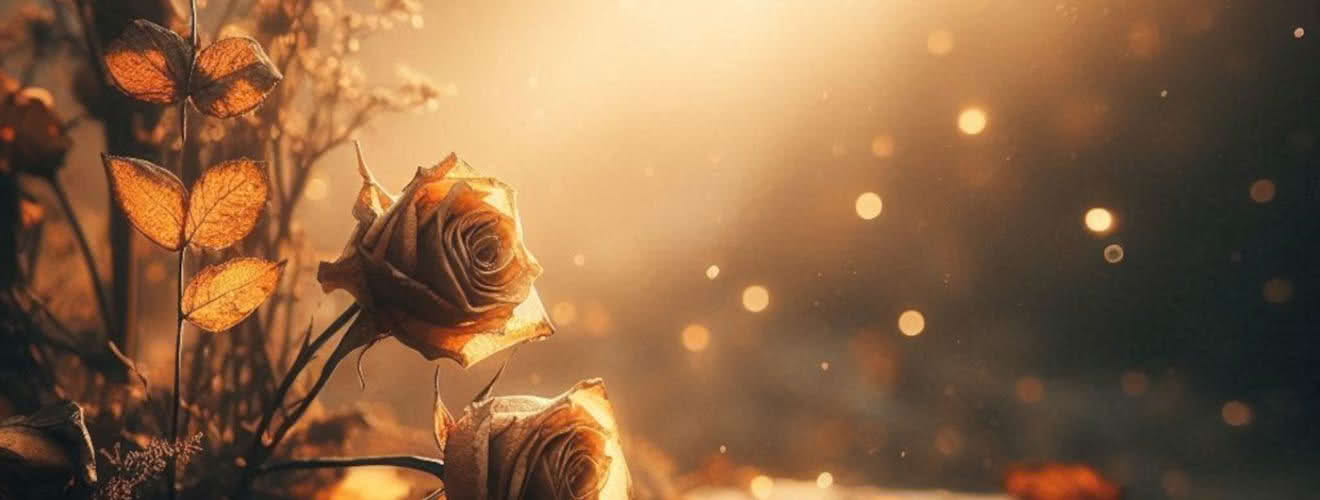 Gold Autumn Leaves with Withered Rose -atmospheric meditation on impermanence, memory, and decay, using autumn imagery to explore beauty found in gentle endings