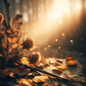 Gold Autumn Leaves with Withered Rose -atmospheric meditation on impermanence, memory, and decay, using autumn imagery to explore beauty found in gentle endings Gold Autumn Leaves with Withered Rose -atmospheric meditation on impermanence, memory, and decay, using autumn imagery to explore beauty found in gentle endings